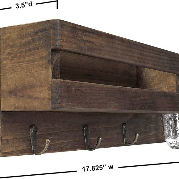 Rustic Dark Brown Wood Mail Organizer & Mason Jar Key Hooks Shelf Letter Holder - Picture 3 of 7